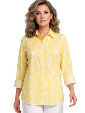 Lands' End Yellow Floral Supima Cotten No Iron Button-Down Shirt Size 14 T NWOT